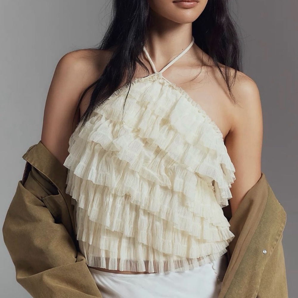 By Anthropologie Ruffle Halter Top Cream | NWT | Size L